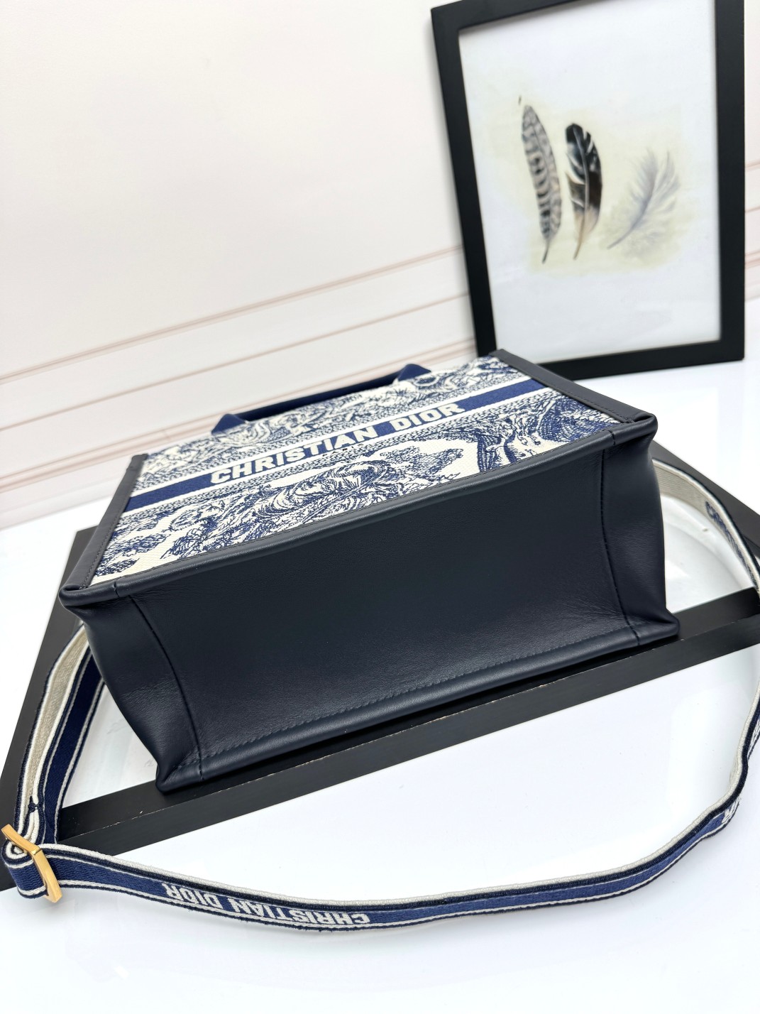 Small Dior Book Tote Bag White and Navy Blue Toile de Jouy Sauvage Embroidery with Navy Blue Calfskin